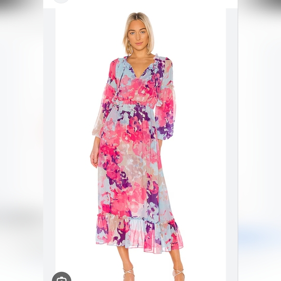 Misa Los Angeles Pink and Purple Long Sleeve V-Neck Sundress - Picture 1 of 3